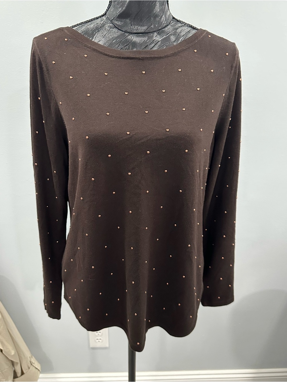 Chico's Dark Brown Long-Sleeve Top with Tiny Gold Studs